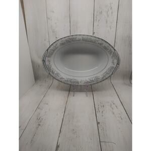 Noritake China Blemont Oval Vegetable Bowl Japan White Silver Blue (shelf)